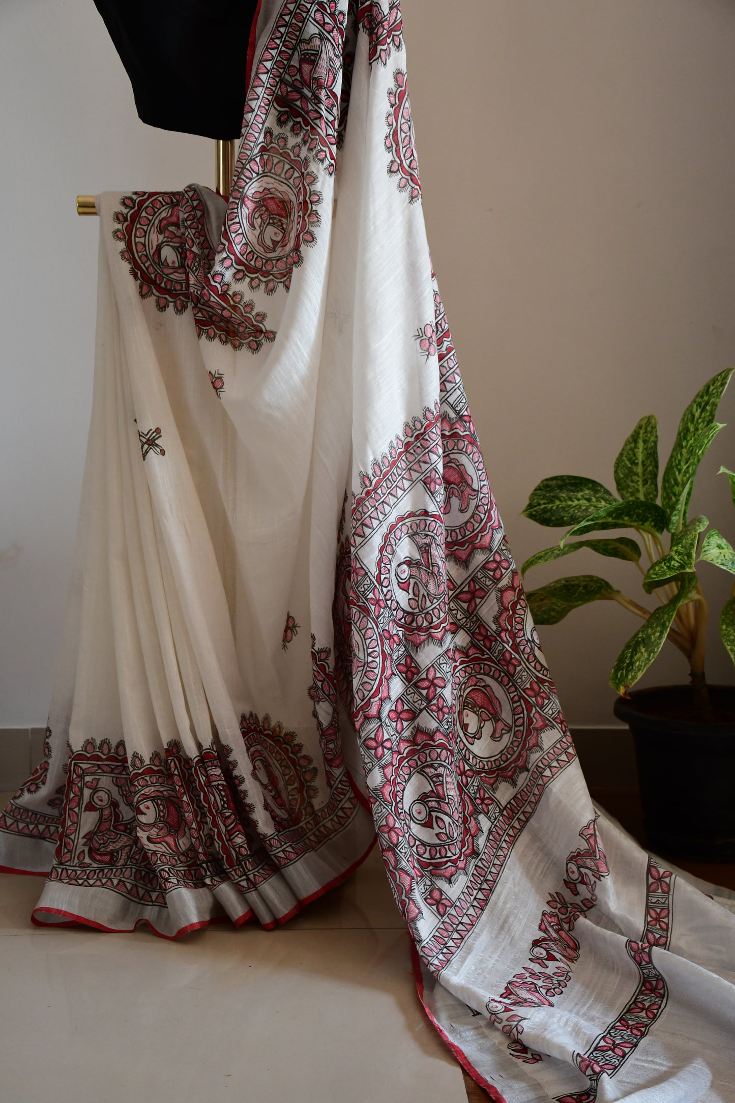 SHWET-Handpainted Madhubani Check Fish Cotton Linen Saree