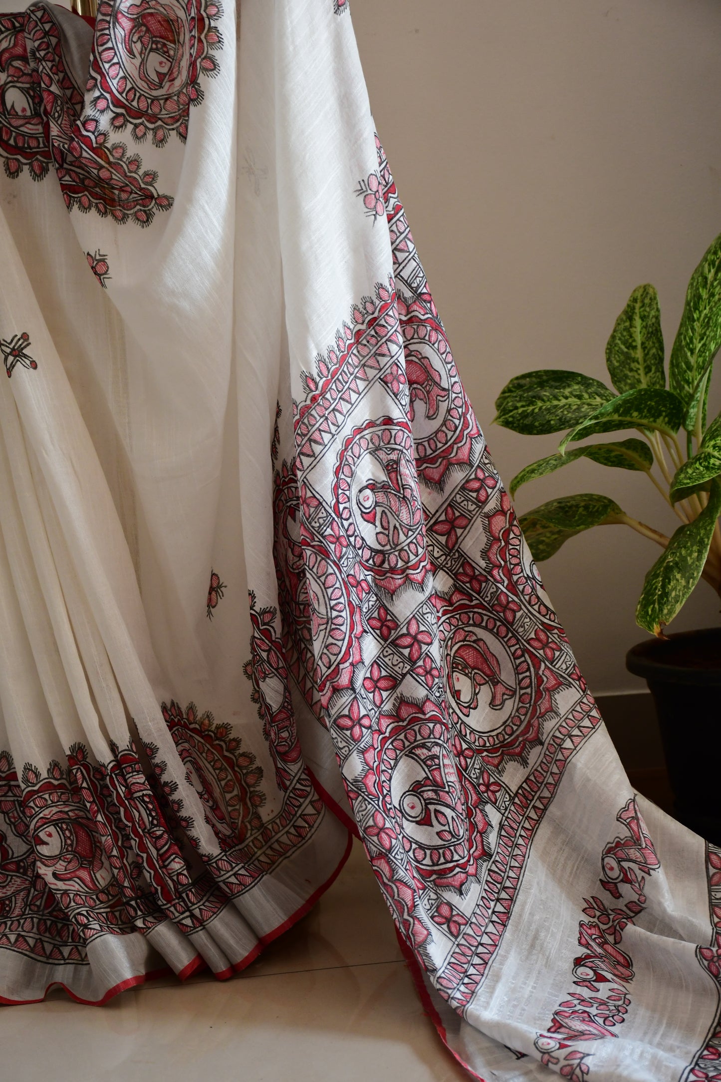SHWET-Handpainted Madhubani Check Fish Cotton Linen Saree
