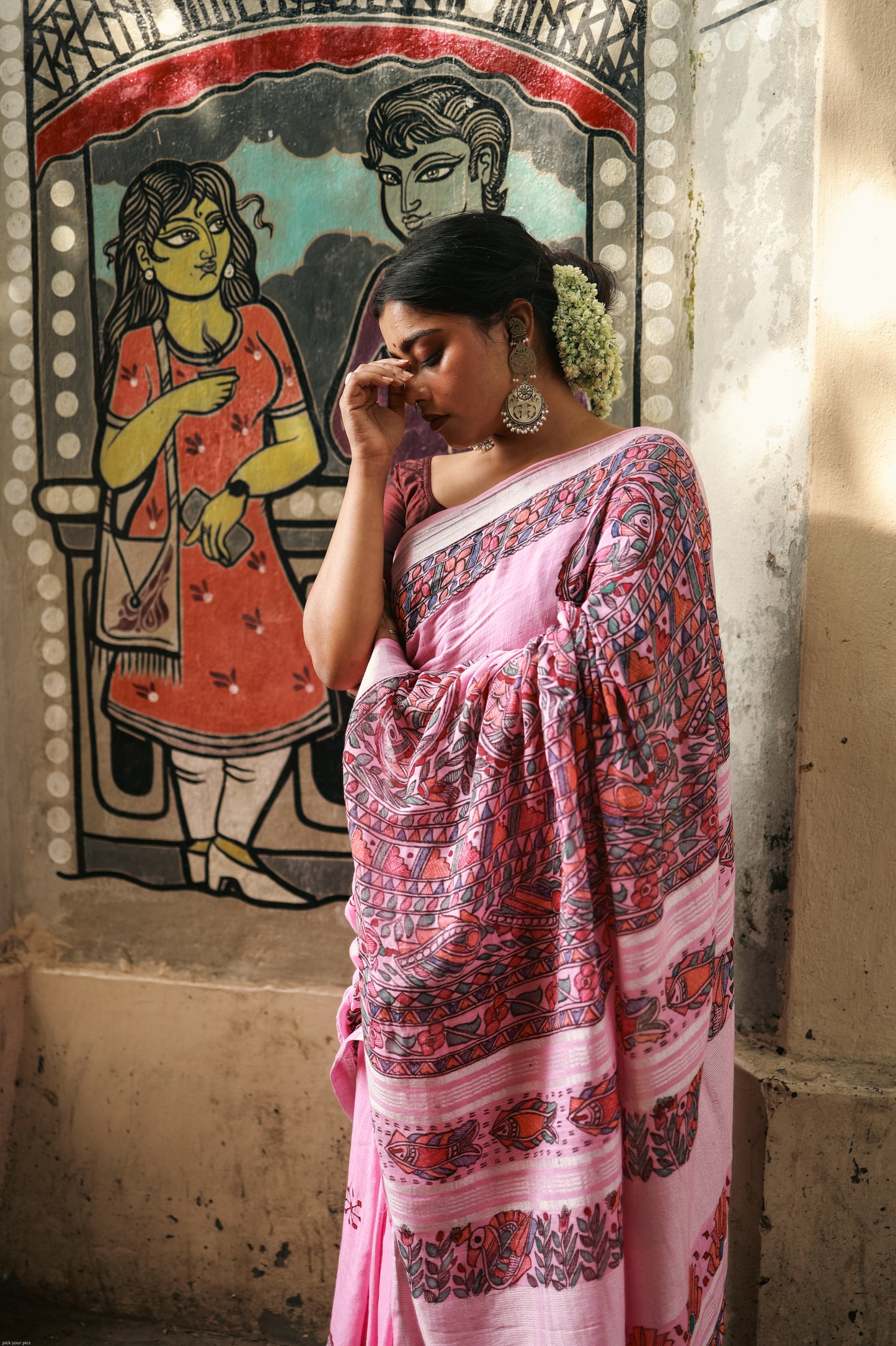 JANHAVI - Handpainted Madhubani Cotton Linen Saree