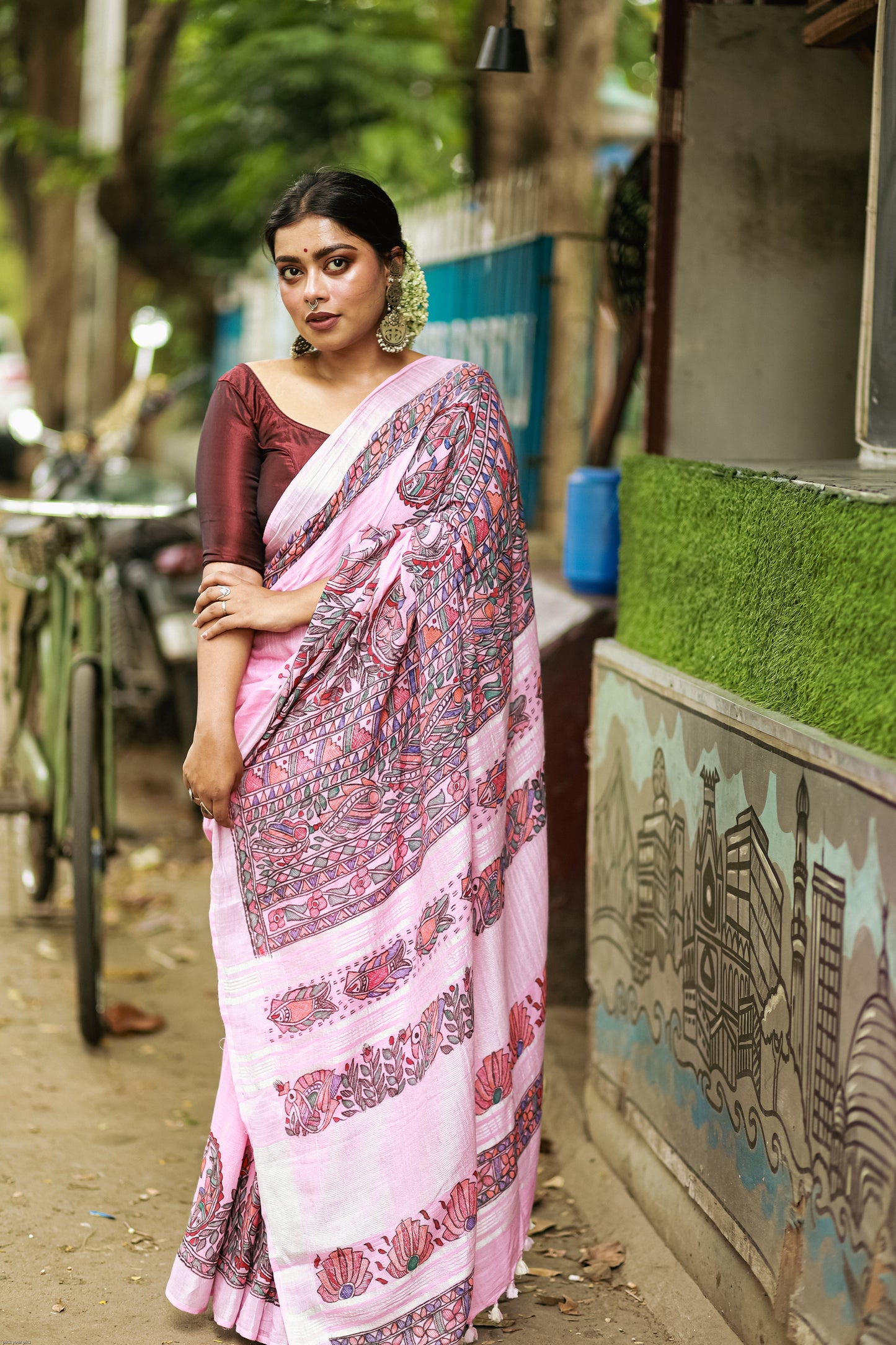JANHAVI - Handpainted Madhubani Cotton Linen Saree