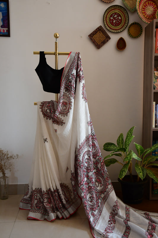 SHWET-Handpainted Madhubani Check Fish Cotton Linen Saree