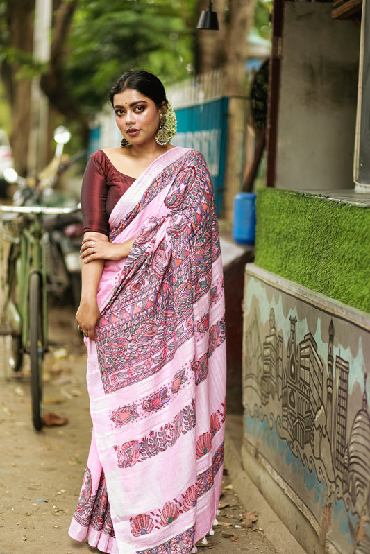 JANHAVI - Handpainted Madhubani Cotton Linen Saree